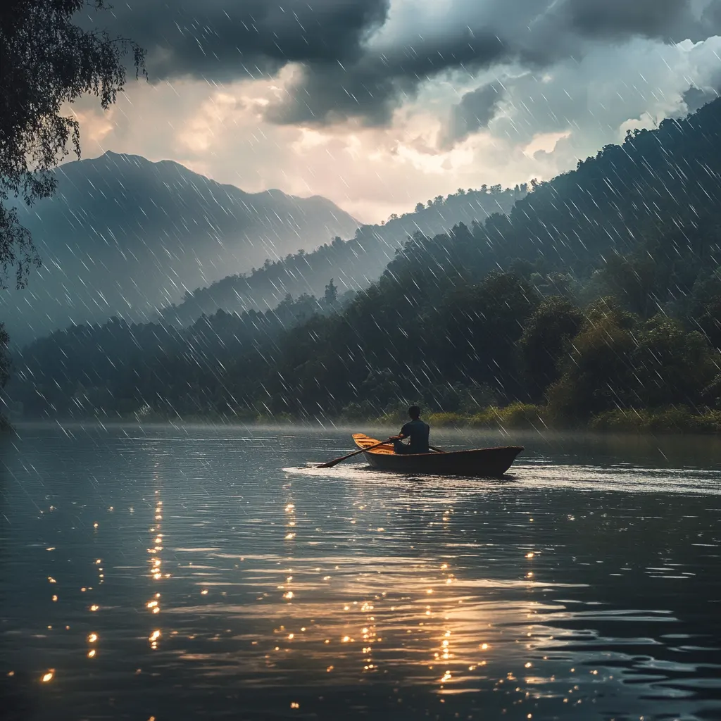 A fisherman is rowing a boat on a river in a rainy season, with seasonal lighting, mountain and cloudy sky in the background, and raindrops falling everywhere