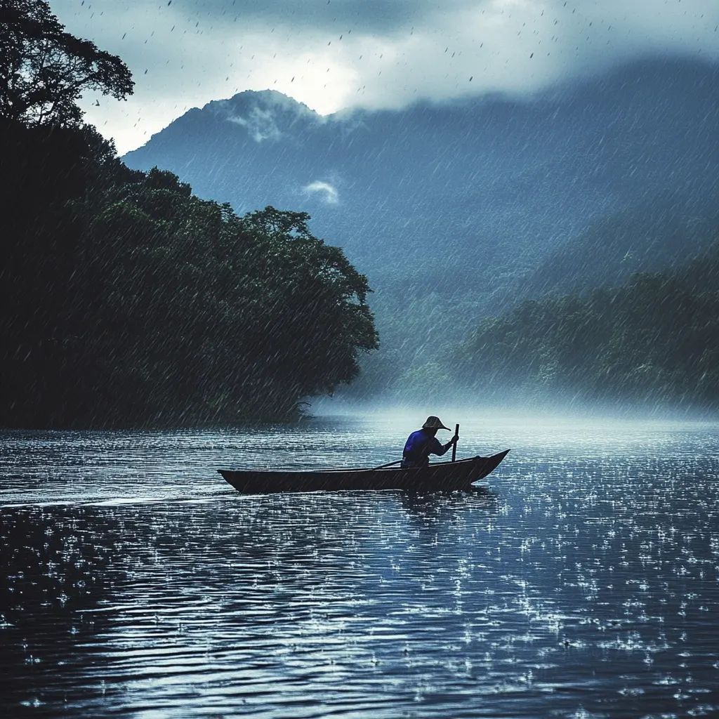 A fisherman is rowing a boat on a river in a rainy season, with seasonal lighting, mountain and cloudy sky in the background, and raindrops falling everywhere