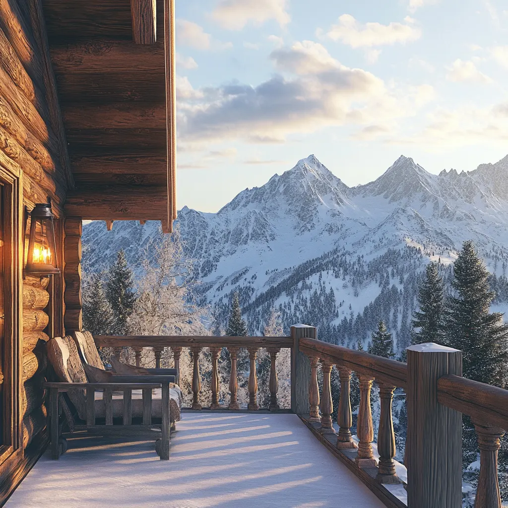 The balcony of a mountain cabin with soft, atmospheric daylighting on a winter afternoon, showing snowy mountain peaks in the background.