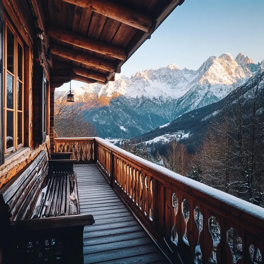 The balcony of a mountain cabin with soft, atmospheric daylighting on a winter afternoon, showing snowy mountain peaks in the background.