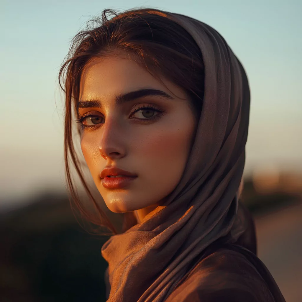 a portrait photo of a beautiful turkish model captured at sunset