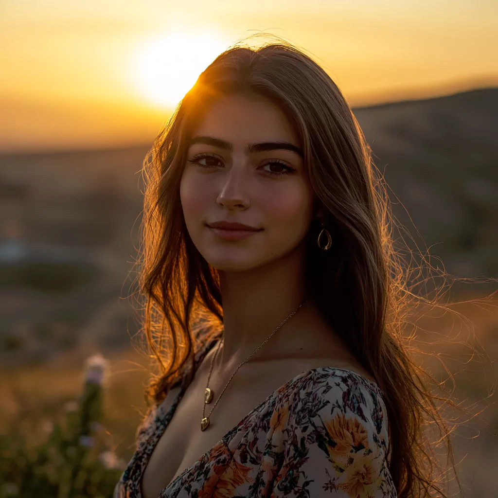 a portrait photo of a beautiful turkish model captured at sunset