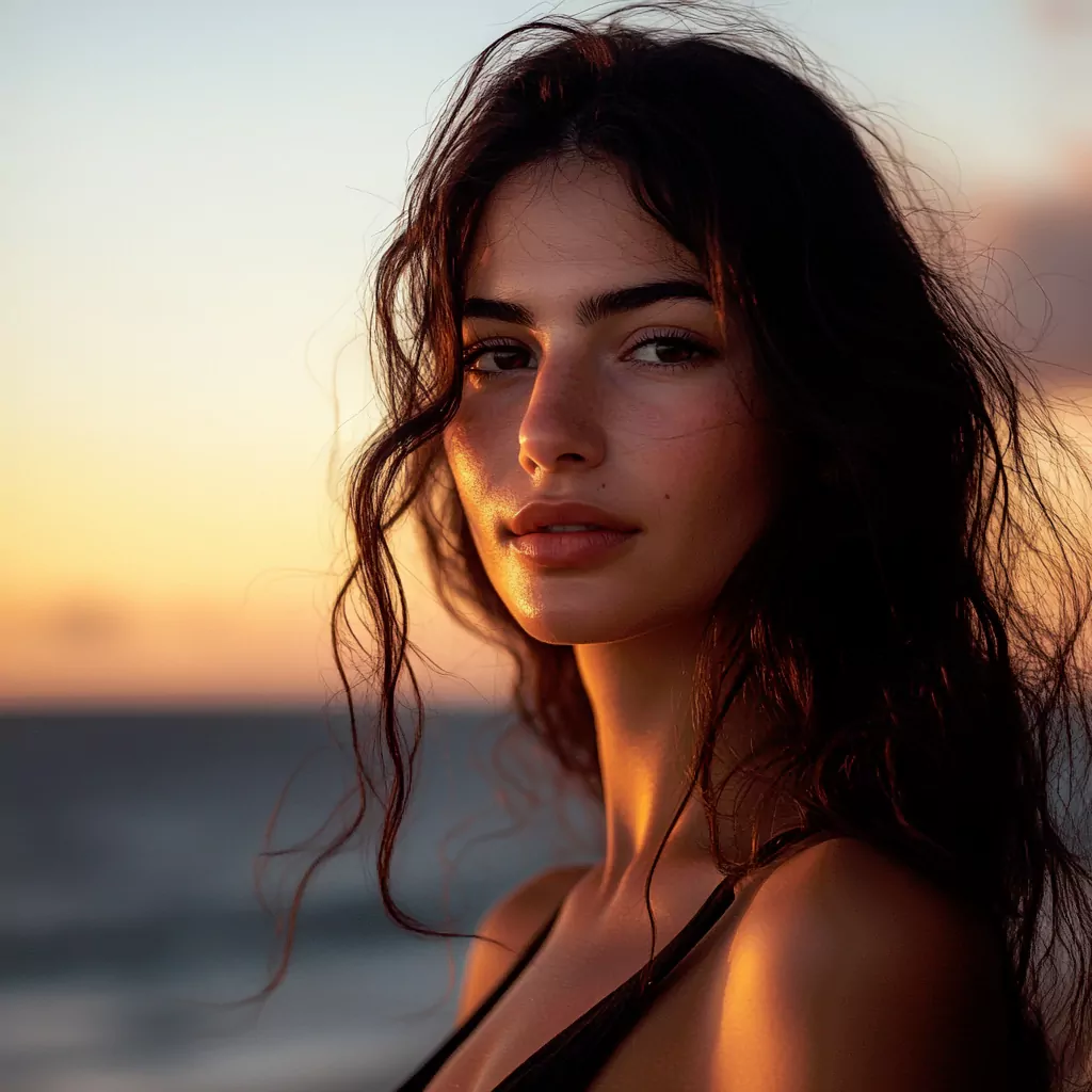 a portrait photo of a beautiful turkish model captured at sunset