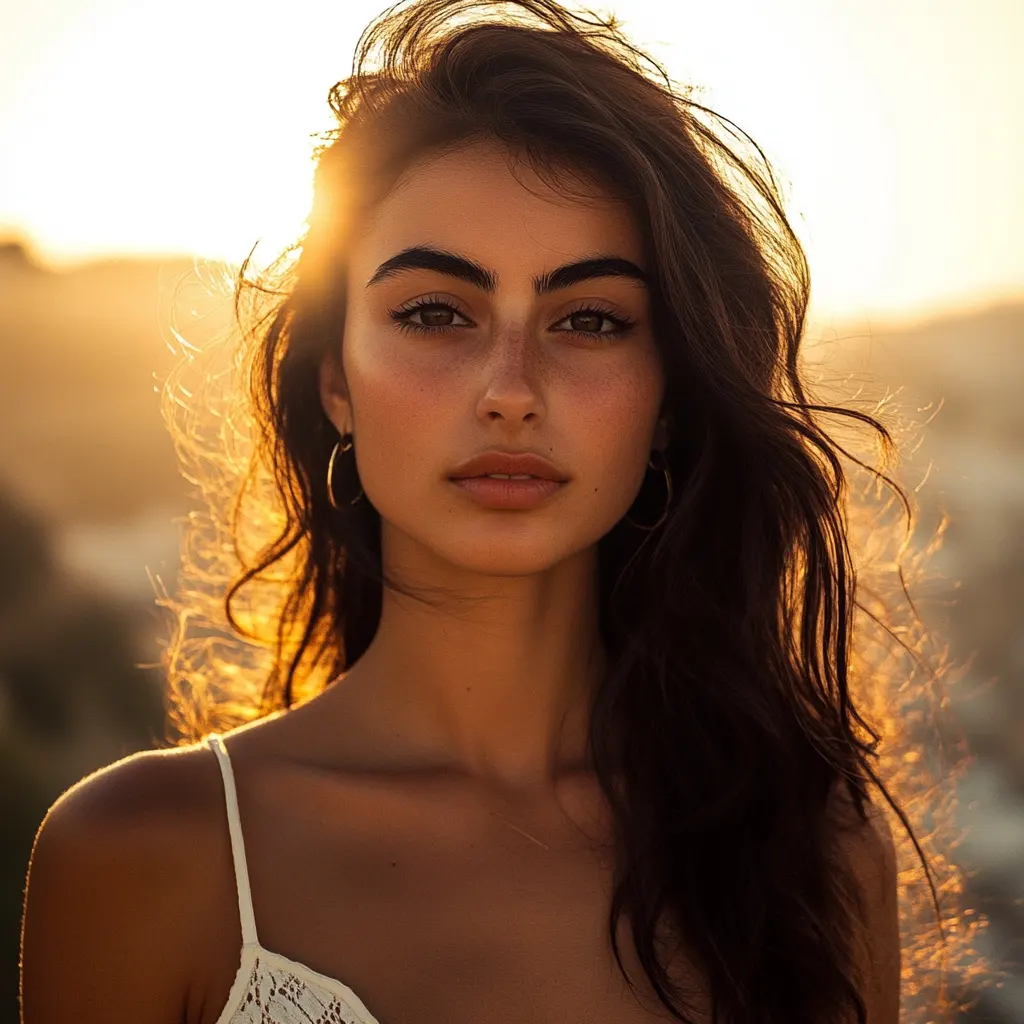 a portrait photo of a beautiful Turkish model captured at golden hour