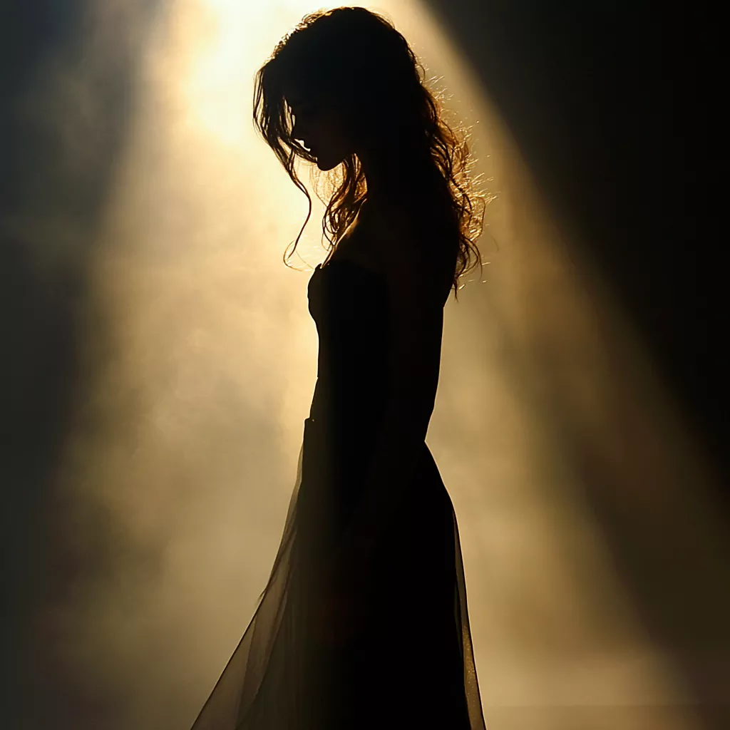 medium-full photo of a beautiful fashion model silhouetted against a strong light source behind