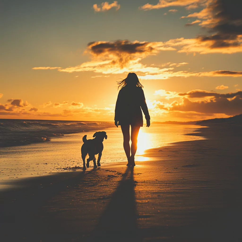 silhouette of a woman walking in the beach with her dog at golden hour