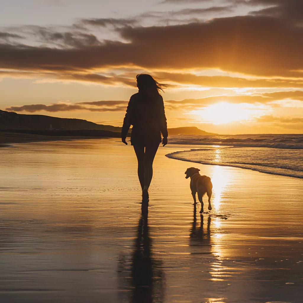 silhouette of a woman walking in the beach with her dog at golden hour