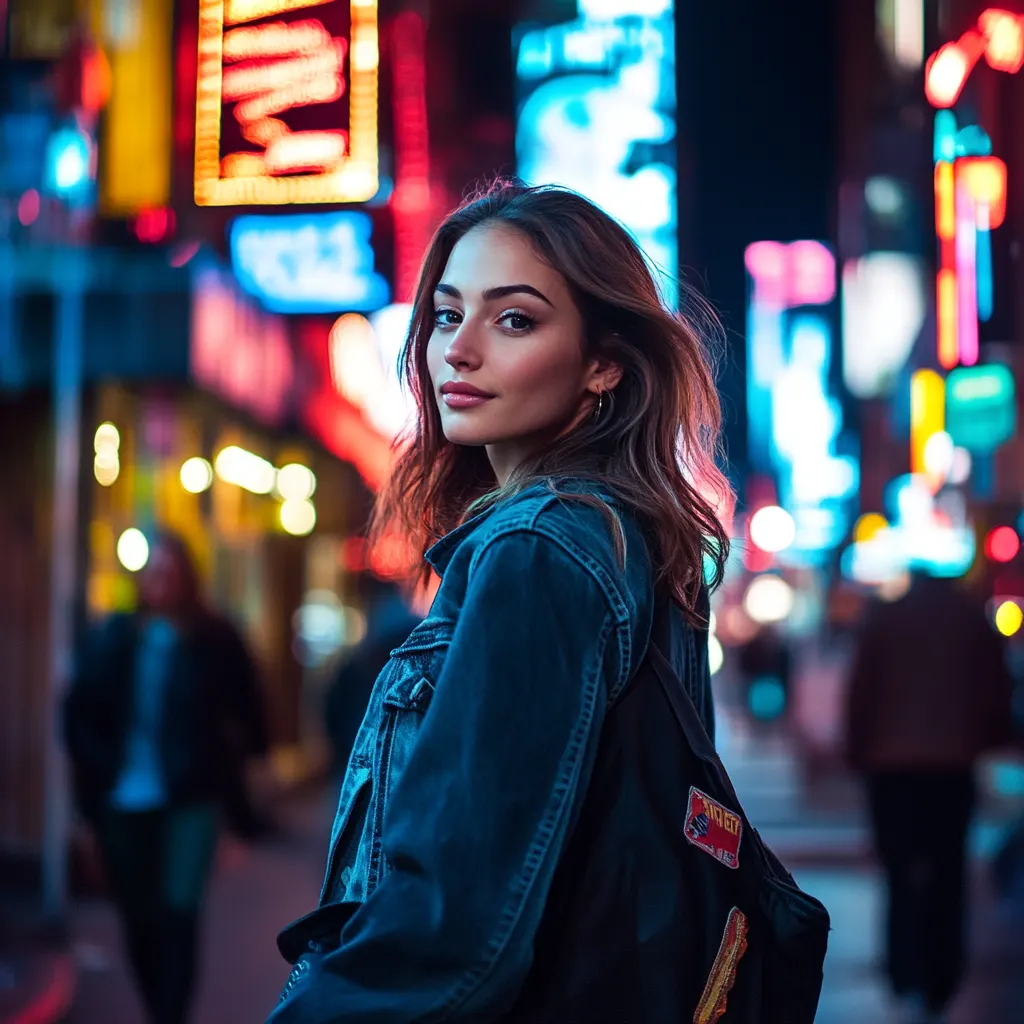 A beautiful American Model walking in the street side of new york, city landscape in behind, neon urban night lights DSLR