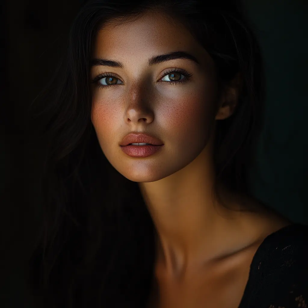 A photo portrait of a beautiful French model, low key lighting, DSLR