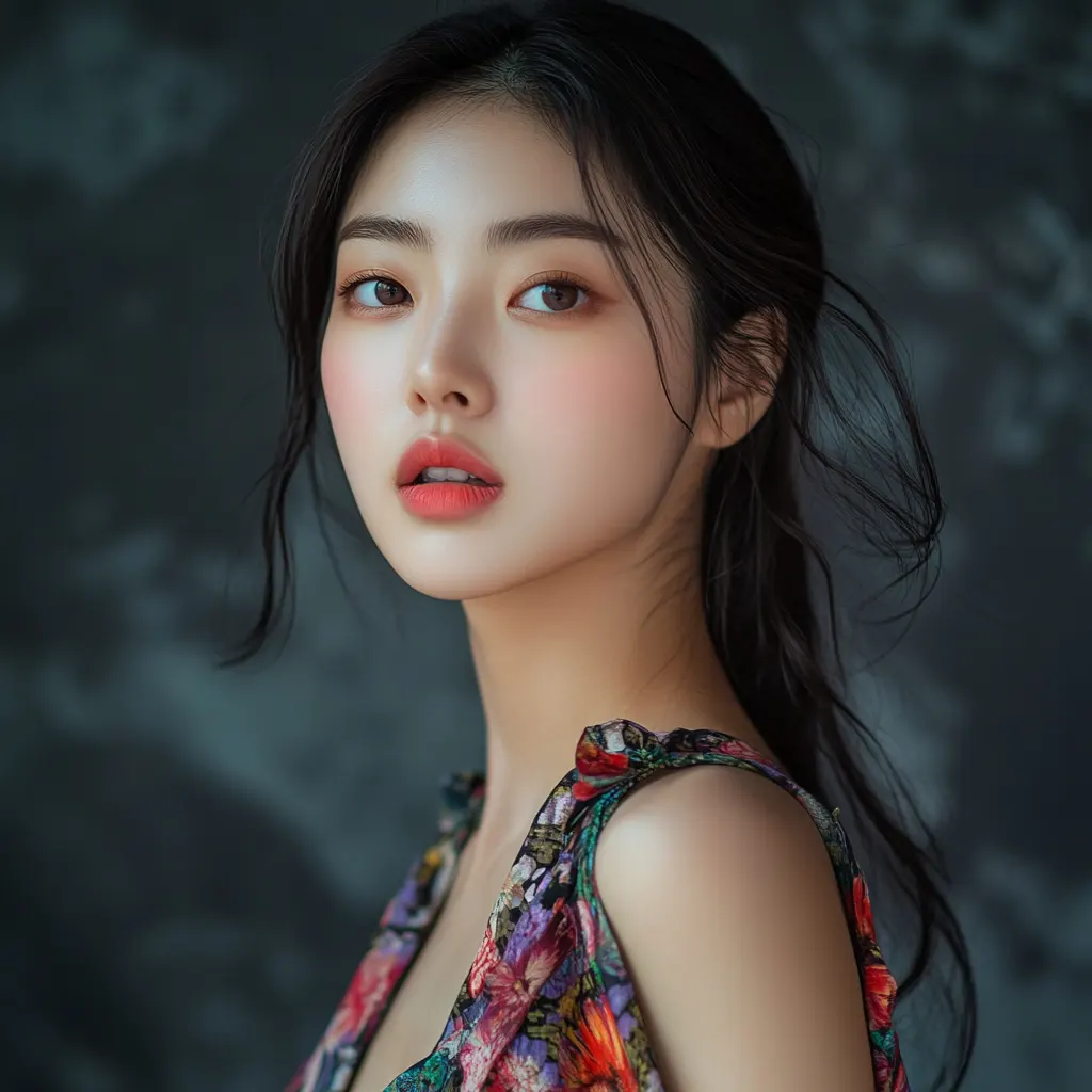 A photo portrait of a beautiful Korean model, artificial studio lighting, grey background behind, colorful dress, DSLR