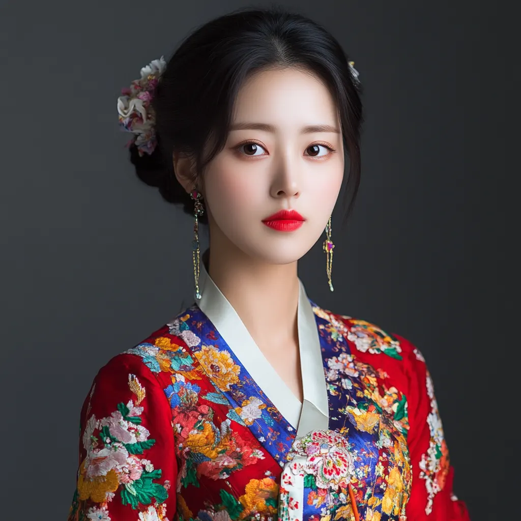 A photo portrait of a beautiful Korean model, artificial studio lighting, grey background behind, colorful dress, DSLR